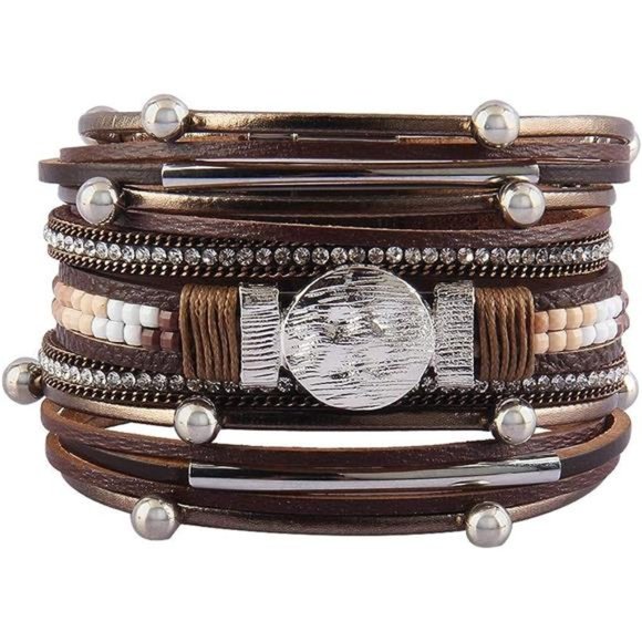 Leather Wrap Bracelet Boho Cuff Bracelets Crystal Bracelet Magnetic Multi Strand - Picture 1 of 6